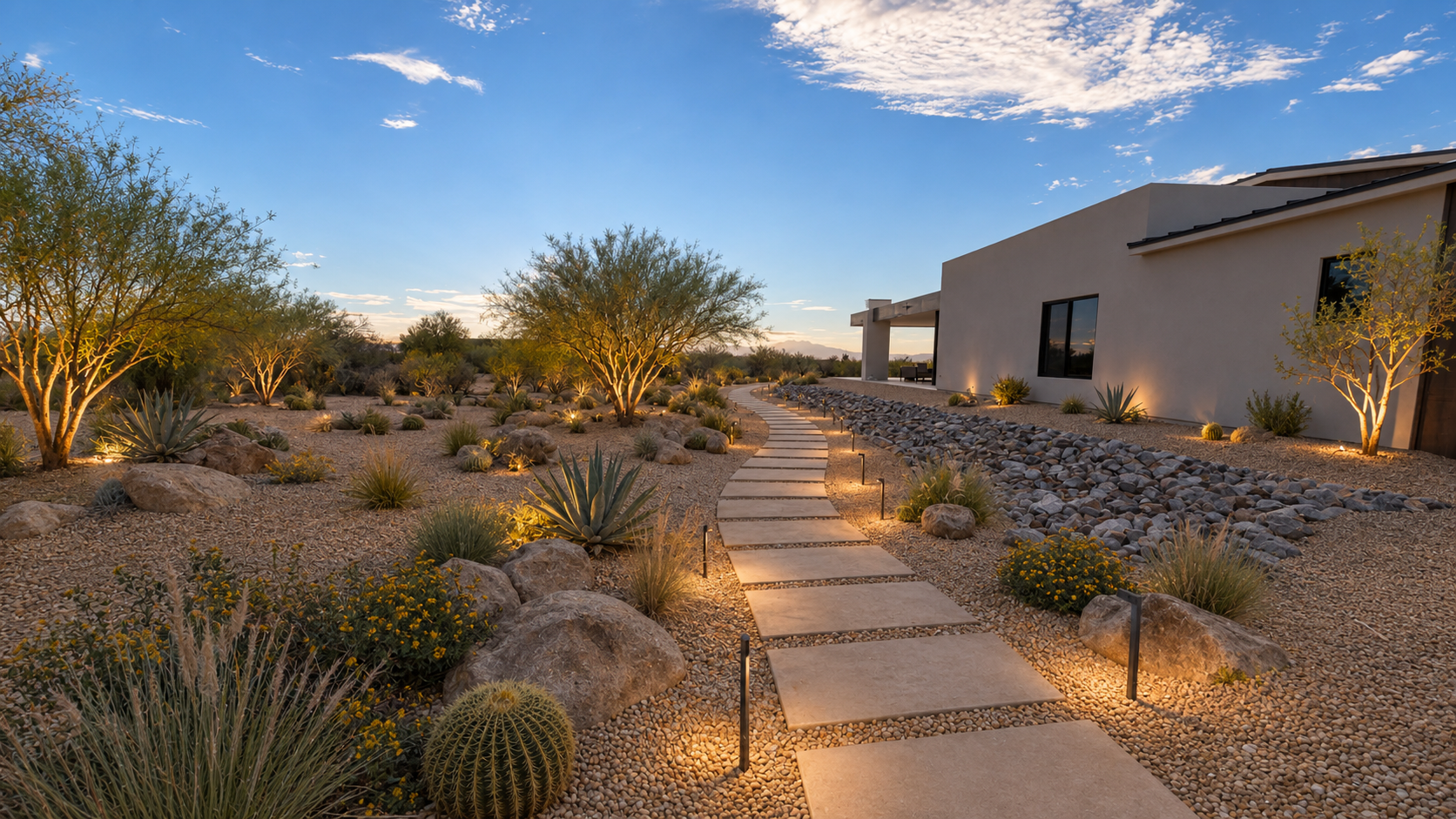 Illuminated stone pathway through an Arizona desert garden