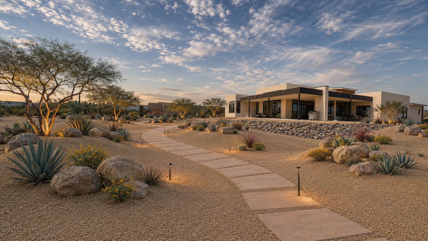 Modern Arizona home with a complete desert landscape and illuminated pathway