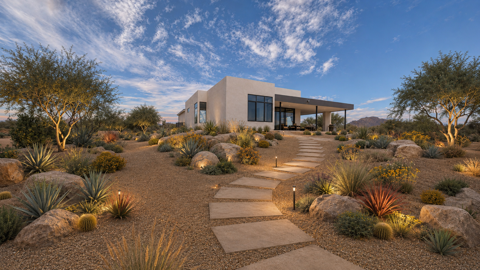Custom desert landscaping and illuminated pathway surrounding a modern ANCO home
