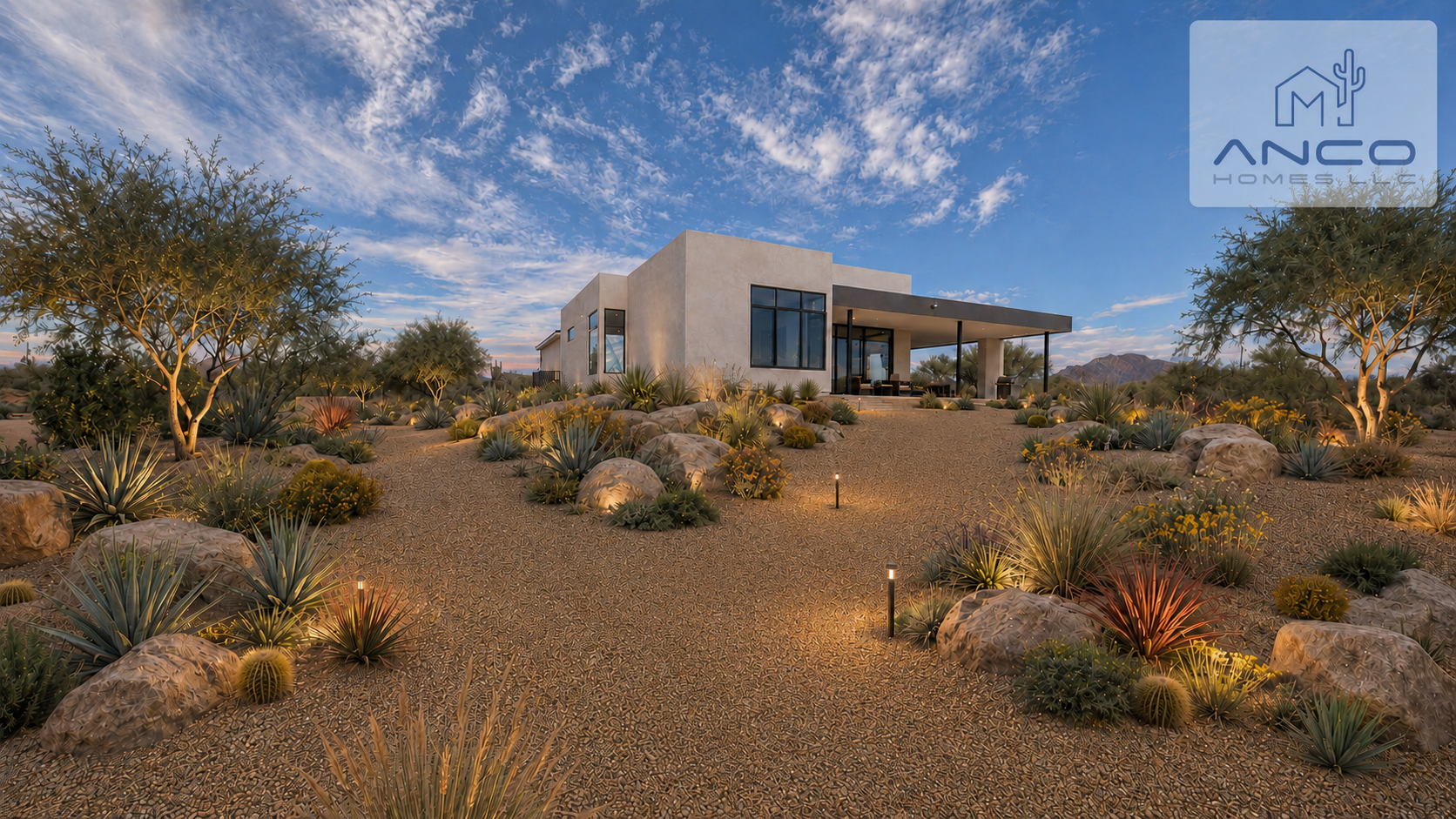 Completed custom desert landscaping surrounding a contemporary ANCO home